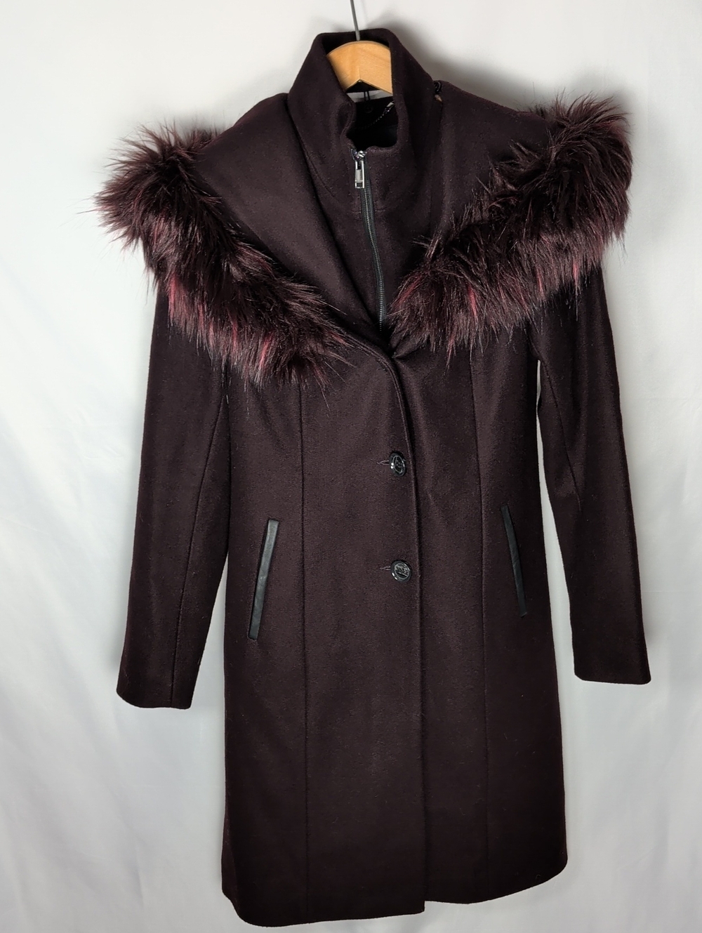Novelti Burgundy Wool Blend Faux Fur Trim Hooded Winter Coat Jacket Size 6